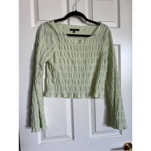 Kendall & Kylie Shirred Bell Sleeve Top Green Gingham Plaid Crop
